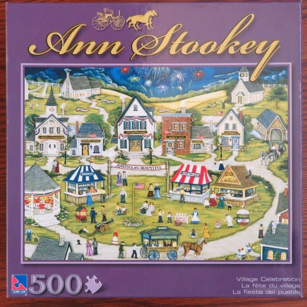Sure-Lox Village CELEBRATION Ann Stookey 500 Pc Corkboard Jigsaw COMPLETE (P102)